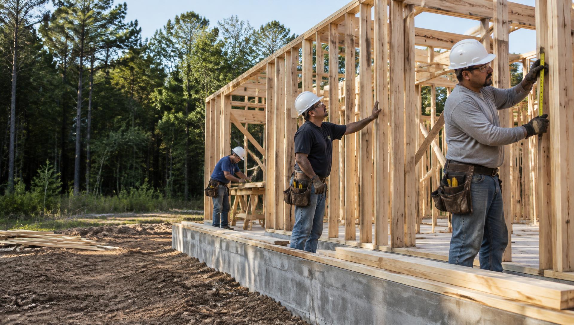 A framing crew working on a timber-framed home in rural Mississippi